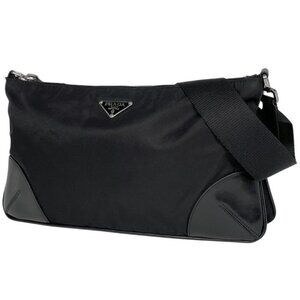 Prada Logo Plate Shoulder Bag Nylon Nero